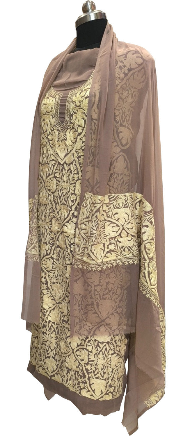 Pastel Kashmiri Aari Work Georgette Three Piece Unstitched Suit Set - Luxurion World