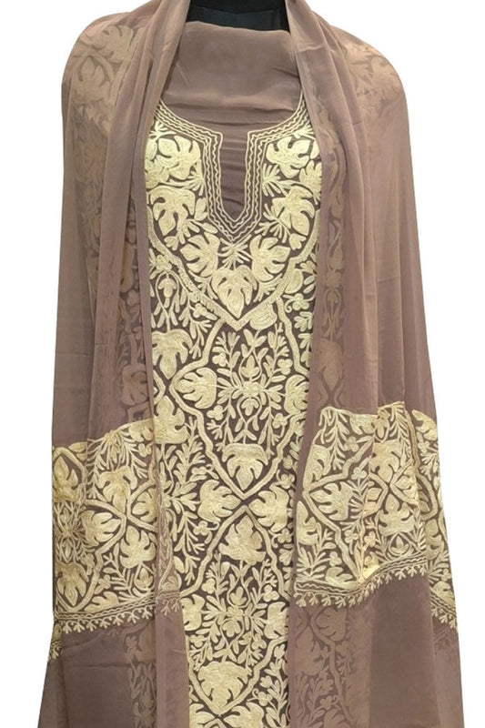 Pastel Kashmiri Aari Work Georgette Three Piece Unstitched Suit Set - Luxurion World