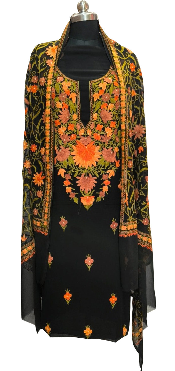Elegant Black Kashmiri Aari Work Georgette Three Piece Unstitched Suit Set - Luxurion World