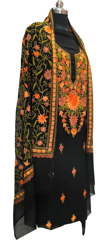Elegant Black Kashmiri Aari Work Georgette Three Piece Unstitched Suit Set - Luxurion World