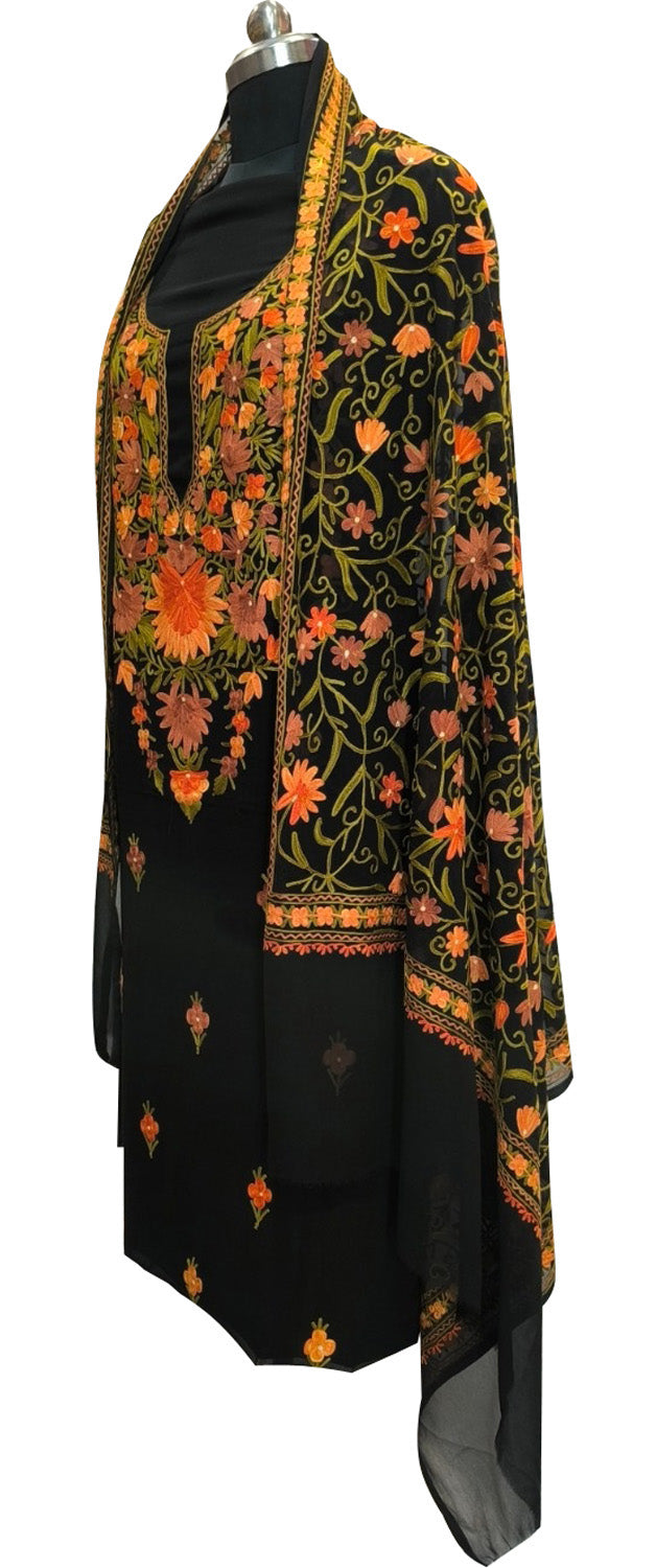 Elegant Black Kashmiri Aari Work Georgette Three Piece Unstitched Suit Set - Luxurion World