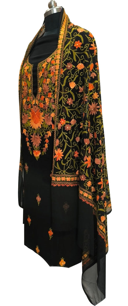 Elegant Black Kashmiri Aari Work Georgette Three Piece Unstitched Suit Set - Luxurion World