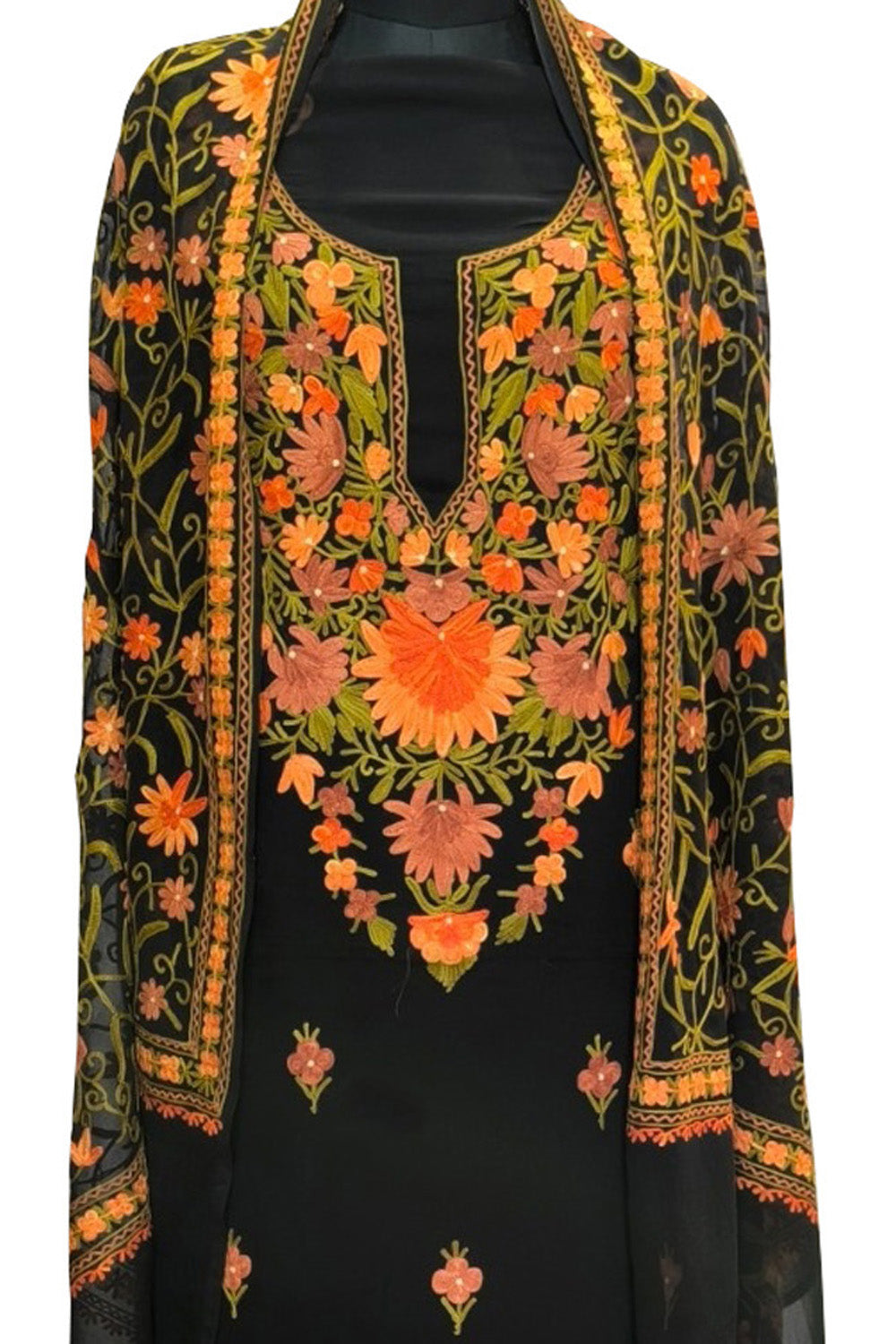 Elegant Black Kashmiri Aari Work Georgette Three Piece Unstitched Suit Set - Luxurion World