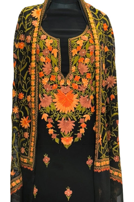 Elegant Black Kashmiri Aari Work Georgette Three Piece Unstitched Suit Set - Luxurion World