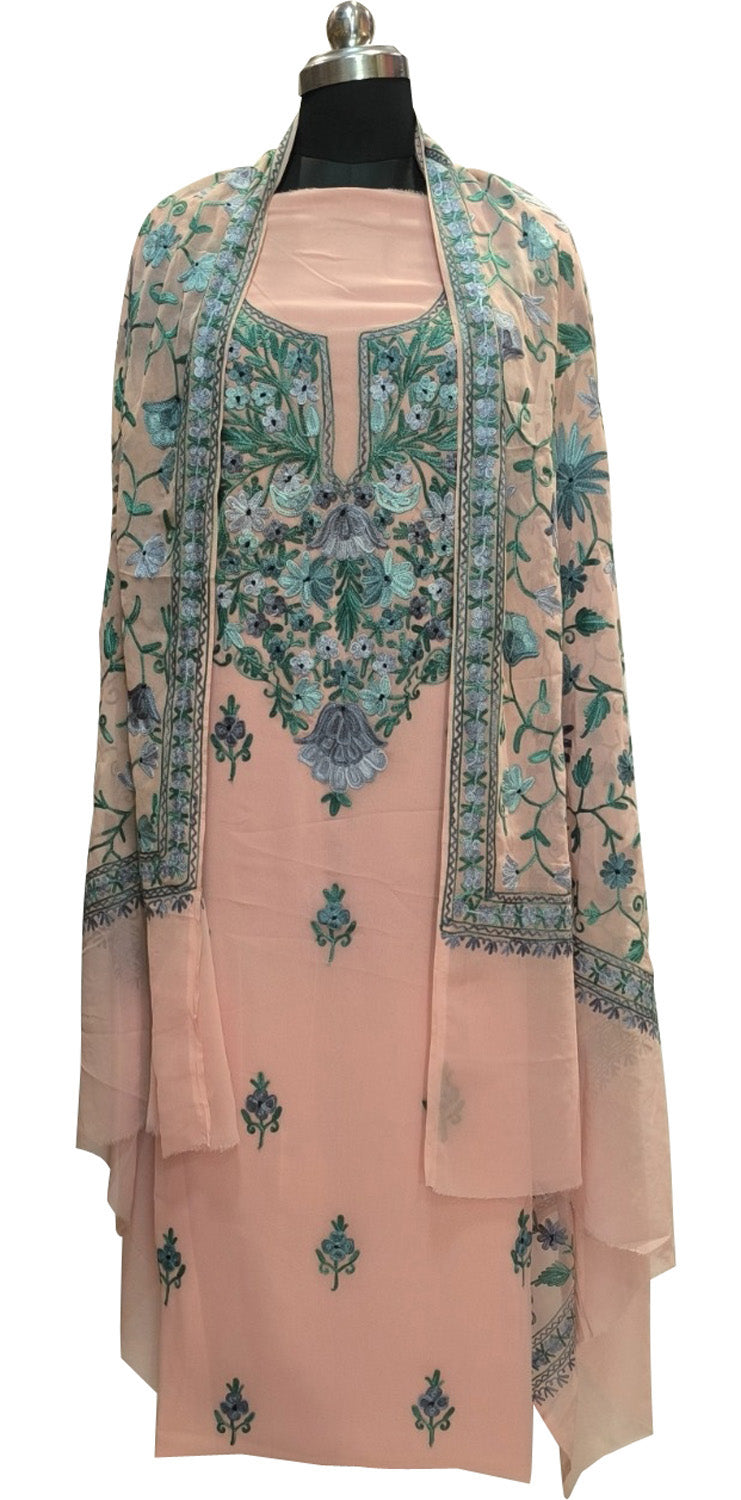 Stunning Pink Kashmiri Aari Work Georgette Three Piece Unstitched Suit Set - Luxurion World