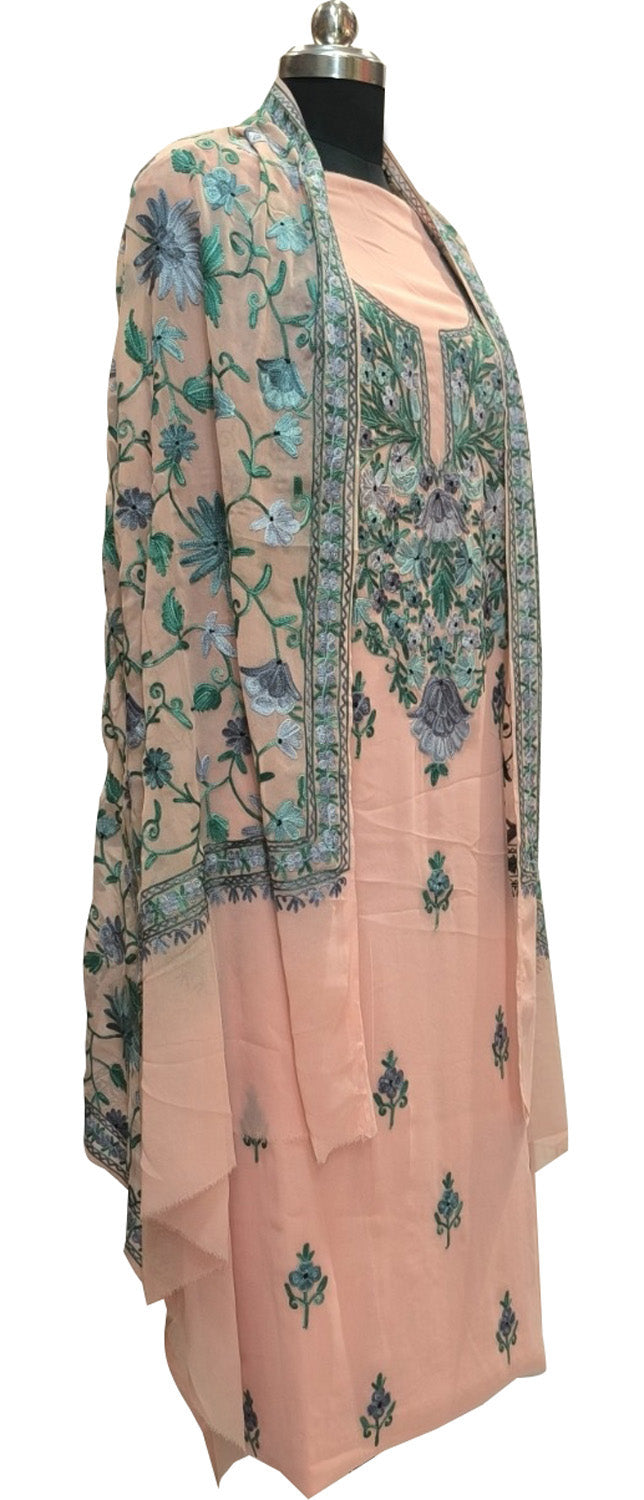 Stunning Pink Kashmiri Aari Work Georgette Three Piece Unstitched Suit Set - Luxurion World