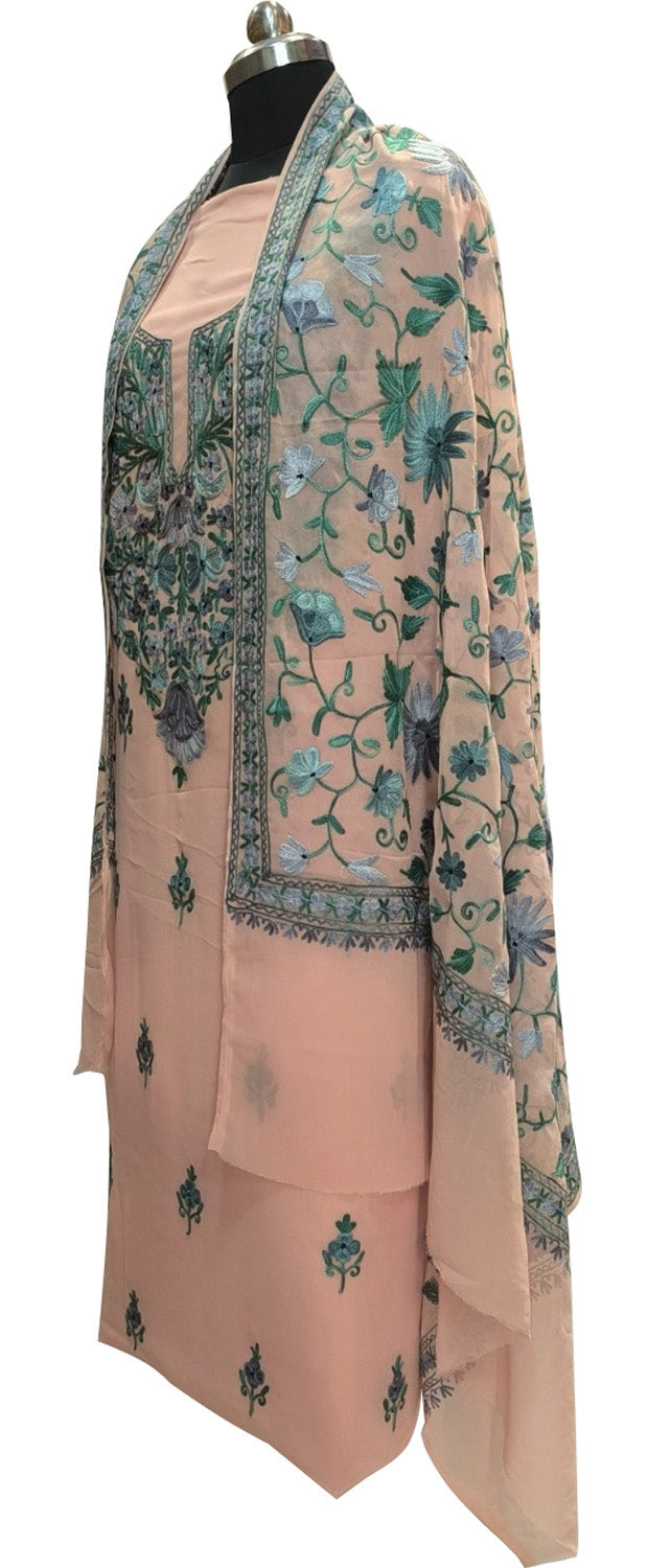 Stunning Pink Kashmiri Aari Work Georgette Three Piece Unstitched Suit Set - Luxurion World