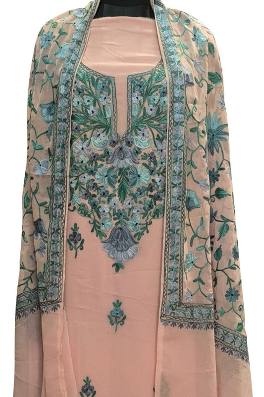 Stunning Pink Kashmiri Aari Work Georgette Three Piece Unstitched Suit Set - Luxurion World