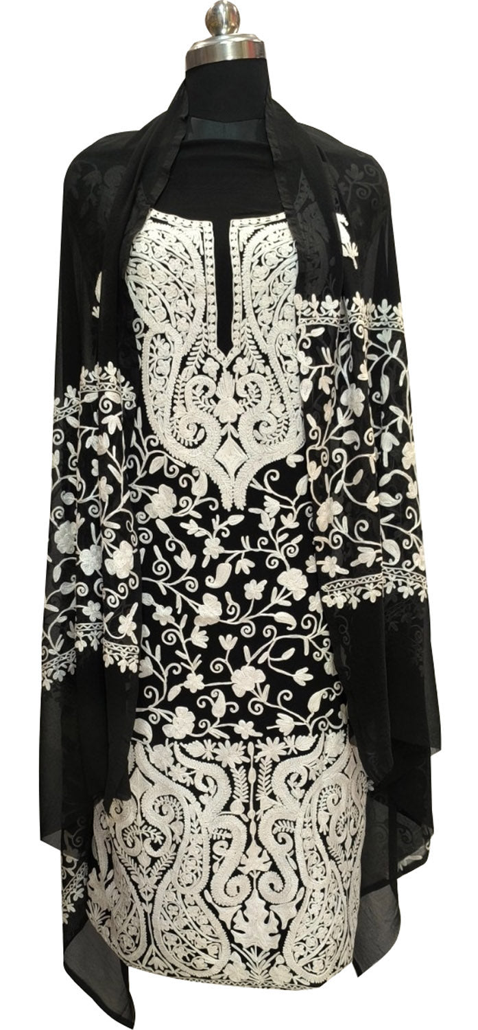 Elegant Black Kashmiri Aari Work Georgette Three Piece Unstitched Suit Set - Luxurion World
