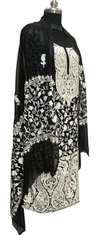 Elegant Black Kashmiri Aari Work Georgette Three Piece Unstitched Suit Set - Luxurion World