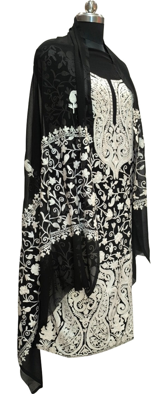 Elegant Black Kashmiri Aari Work Georgette Three Piece Unstitched Suit Set - Luxurion World