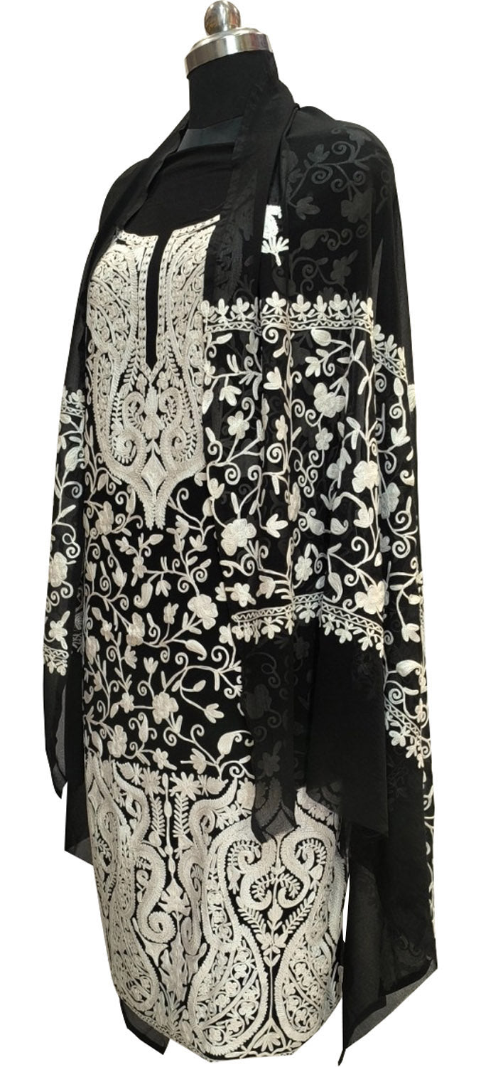 Elegant Black Kashmiri Aari Work Georgette Three Piece Unstitched Suit Set - Luxurion World