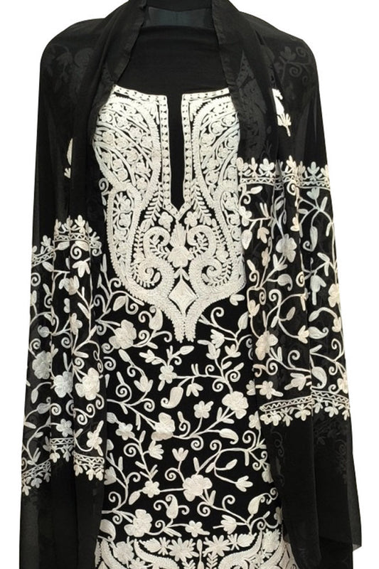 Elegant Black Kashmiri Aari Work Georgette Three Piece Unstitched Suit Set - Luxurion World