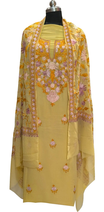 Yellow Kashmiri Aari Work Georgette Three Piece Unstitched Suit Set - Luxurion World
