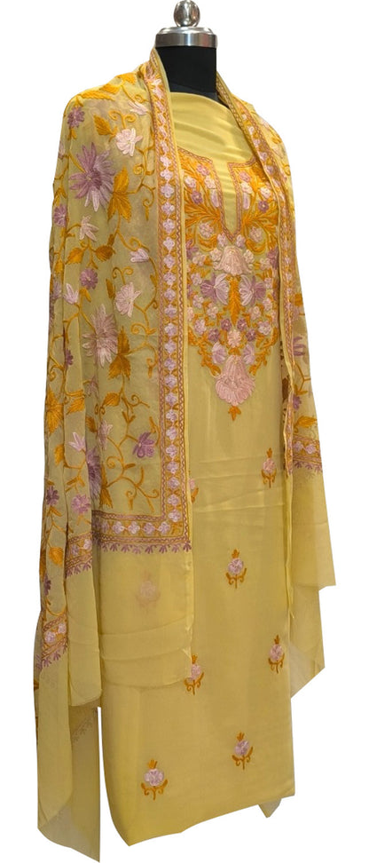 Yellow Kashmiri Aari Work Georgette Three Piece Unstitched Suit Set - Luxurion World
