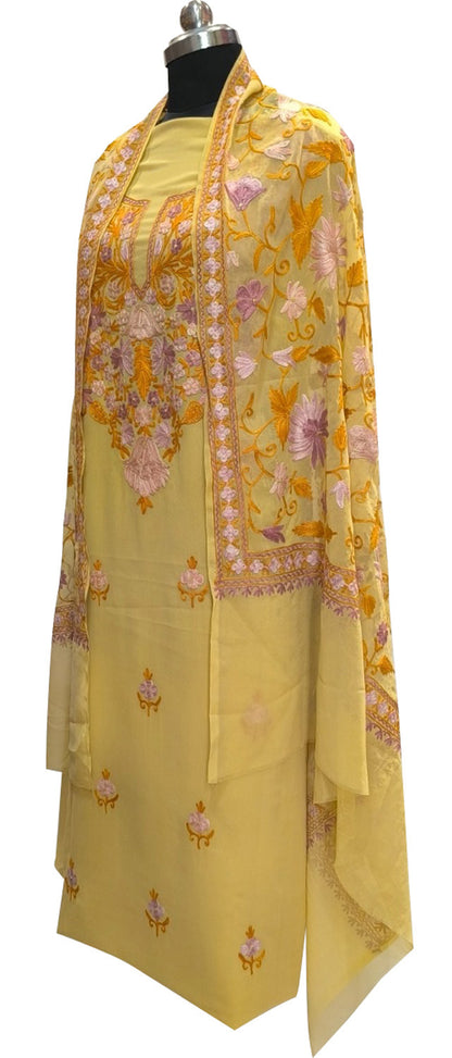 Yellow Kashmiri Aari Work Georgette Three Piece Unstitched Suit Set - Luxurion World