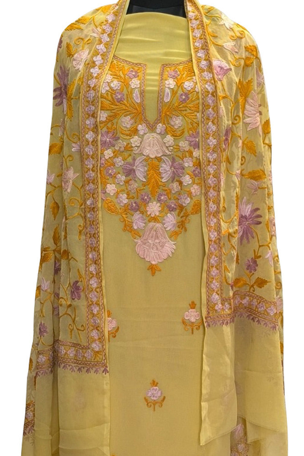 Yellow Kashmiri Aari Work Georgette Three Piece Unstitched Suit Set - Luxurion World