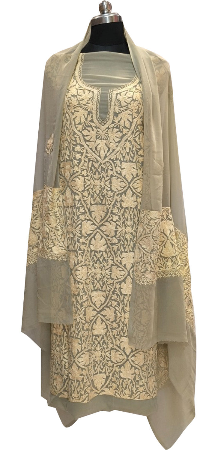 Pastel Kashmiri Aari Work Georgette Three Piece Unstitched Suit Set - Luxurion World