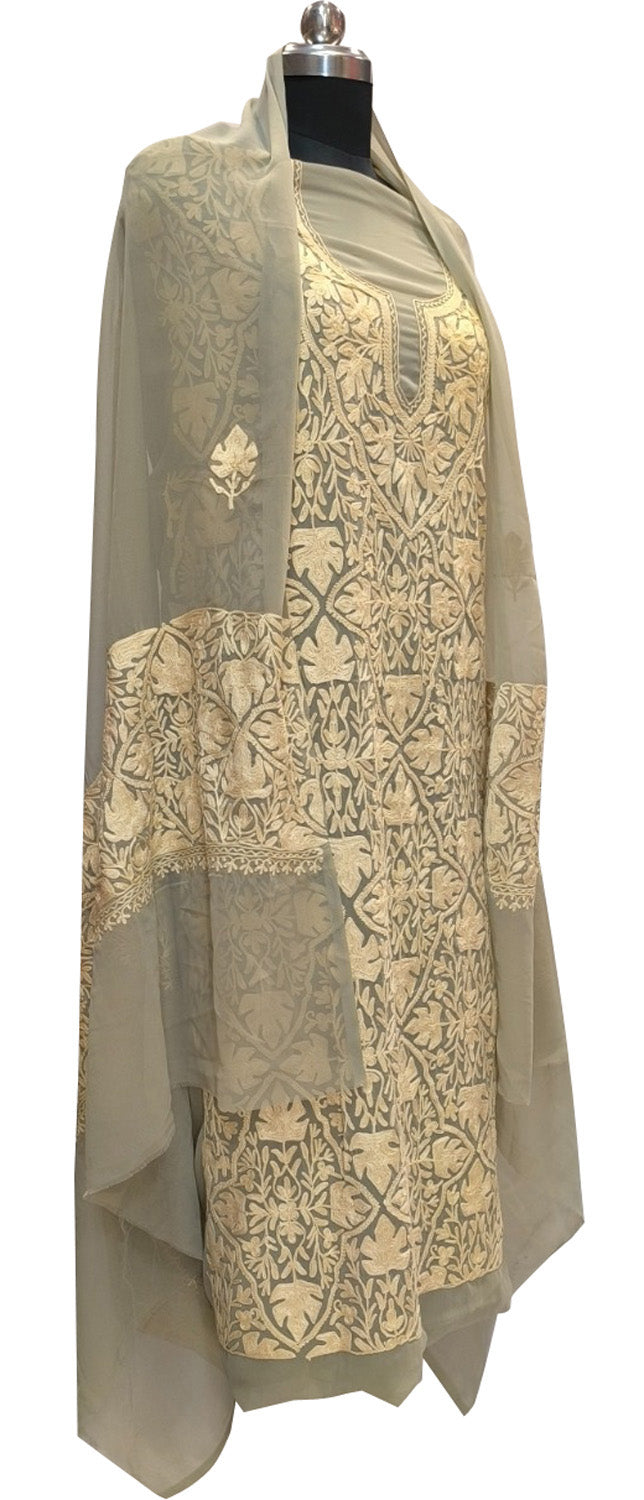 Pastel Kashmiri Aari Work Georgette Three Piece Unstitched Suit Set - Luxurion World