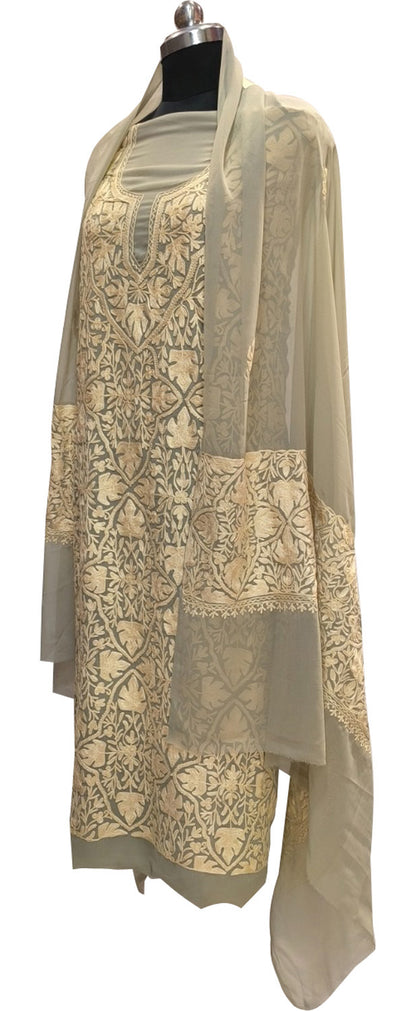 Pastel Kashmiri Aari Work Georgette Three Piece Unstitched Suit Set - Luxurion World