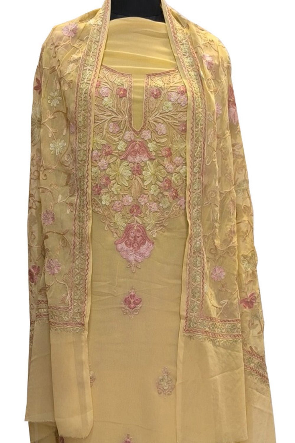 Yellow Kashmiri Aari Work Georgette Three Piece Unstitched Suit Set - Luxurion World