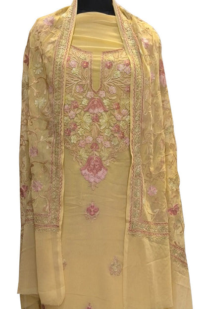 Yellow Kashmiri Aari Work Georgette Three Piece Unstitched Suit Set - Luxurion World