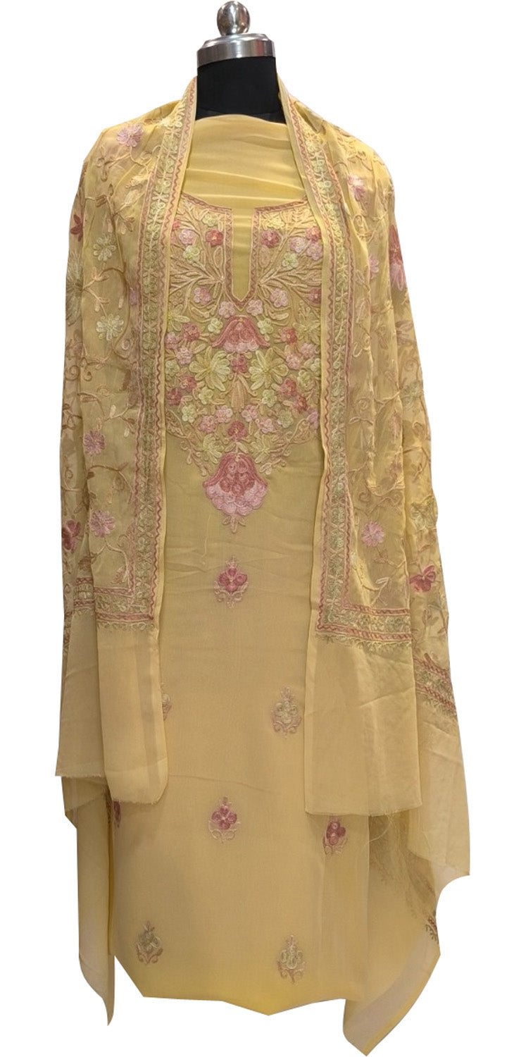 Yellow Kashmiri Aari Work Georgette Three Piece Unstitched Suit Set - Luxurion World