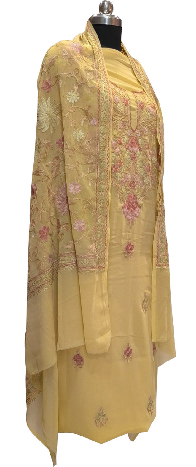 Yellow Kashmiri Aari Work Georgette Three Piece Unstitched Suit Set - Luxurion World