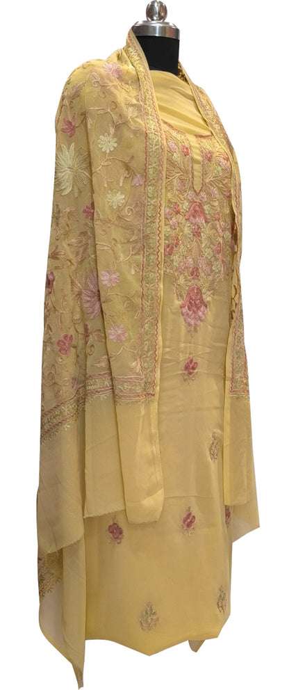 Yellow Kashmiri Aari Work Georgette Three Piece Unstitched Suit Set - Luxurion World