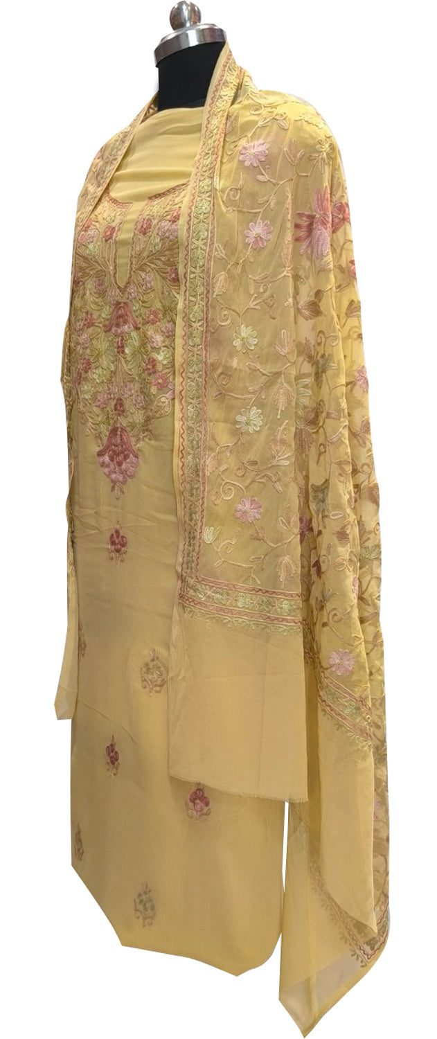 Yellow Kashmiri Aari Work Georgette Three Piece Unstitched Suit Set - Luxurion World