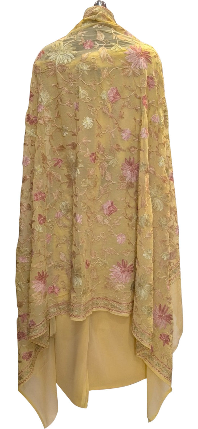 Yellow Kashmiri Aari Work Georgette Three Piece Unstitched Suit Set - Luxurion World
