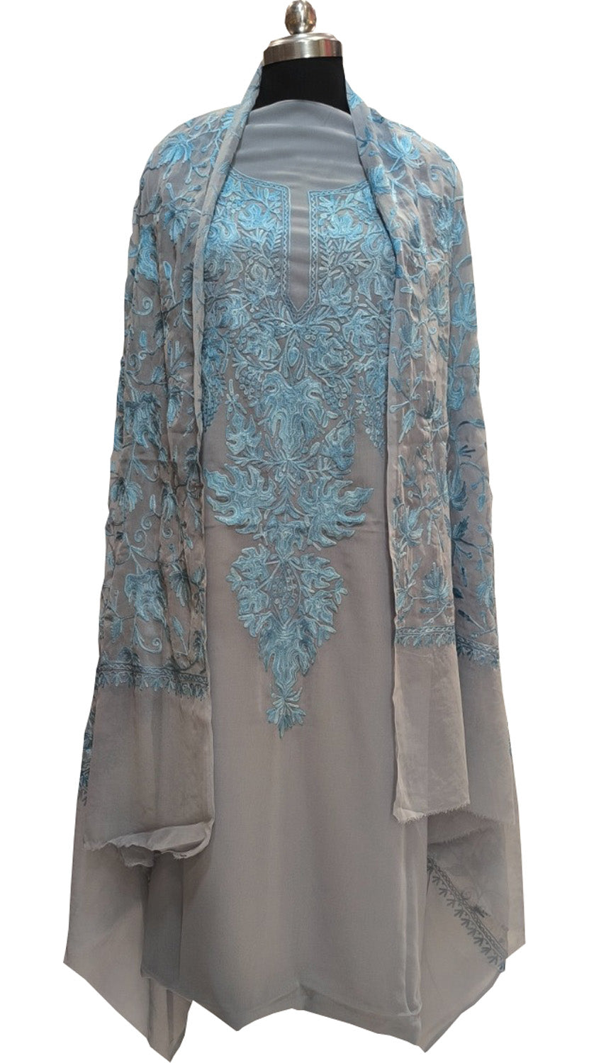 Elegant Grey Kashmiri Aari Work Georgette Three Piece Unstitched Suit Set - Luxurion World