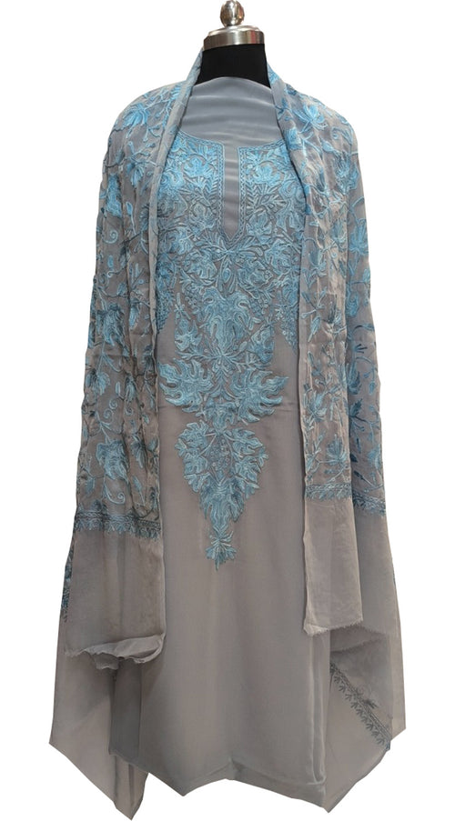 Elegant Grey Kashmiri Aari Work Georgette Three Piece Unstitched Suit Set - Luxurion World