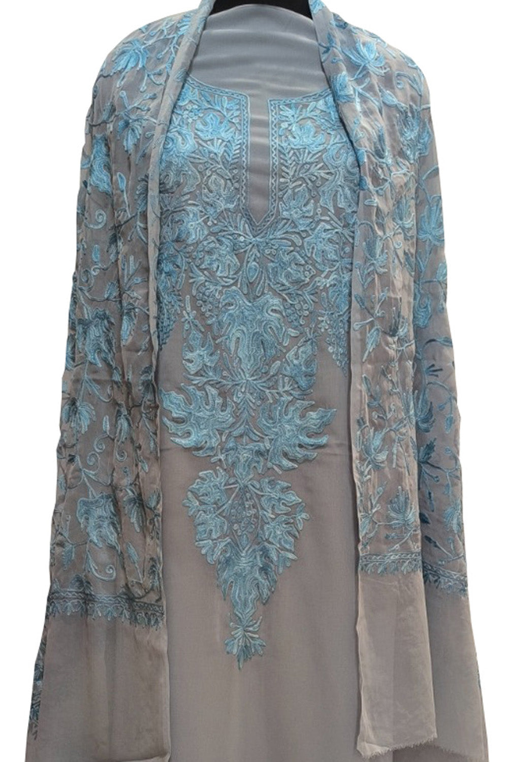 Elegant Grey Kashmiri Aari Work Georgette Three Piece Unstitched Suit Set - Luxurion World
