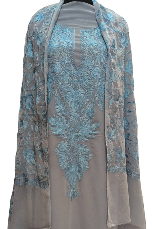 Elegant Grey Kashmiri Aari Work Georgette Three Piece Unstitched Suit Set - Luxurion World