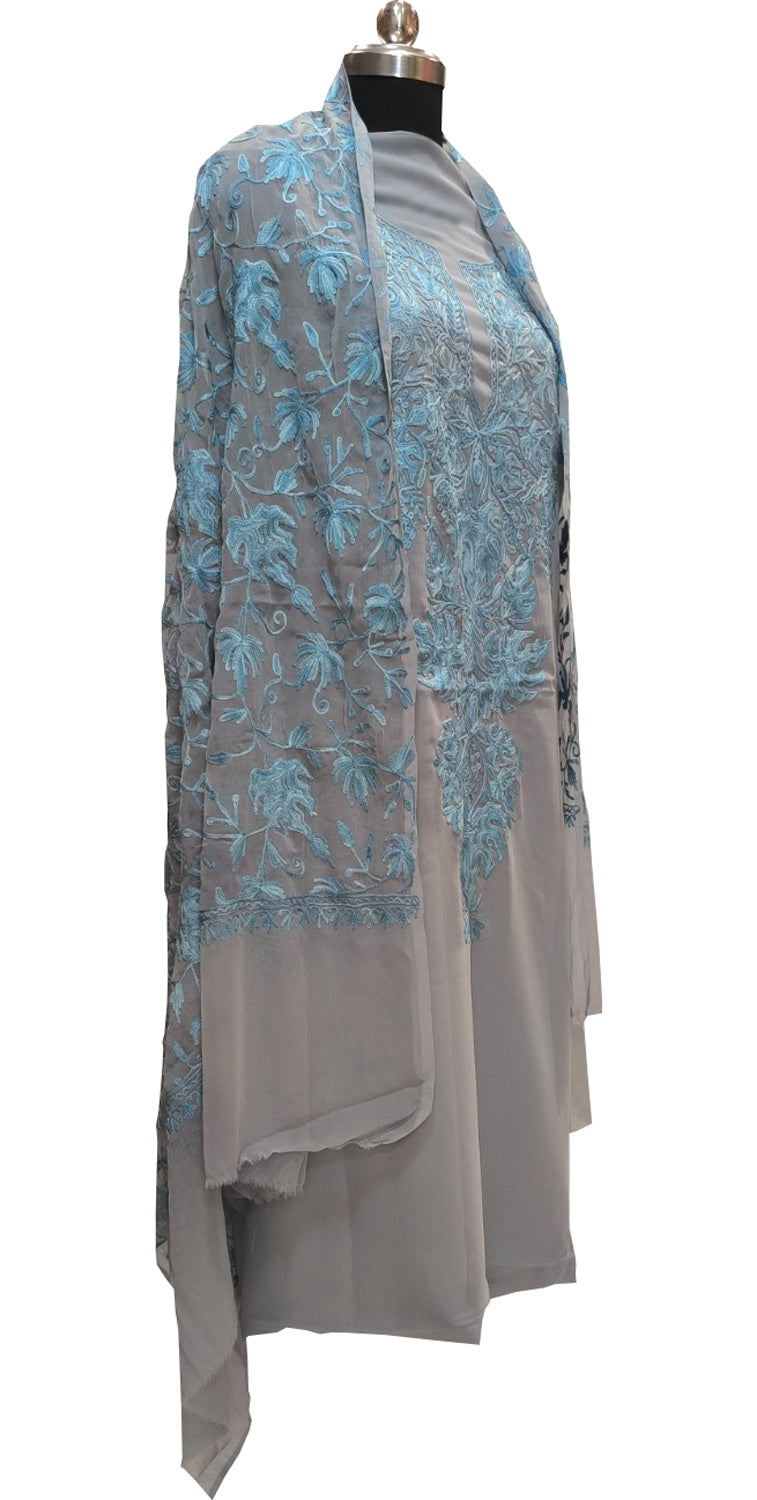 Elegant Grey Kashmiri Aari Work Georgette Three Piece Unstitched Suit Set - Luxurion World