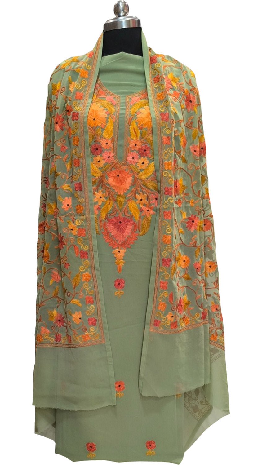 Stunning Green Kashmiri Aari Work Georgette Three Piece Unstitched Suit Set - Luxurion World