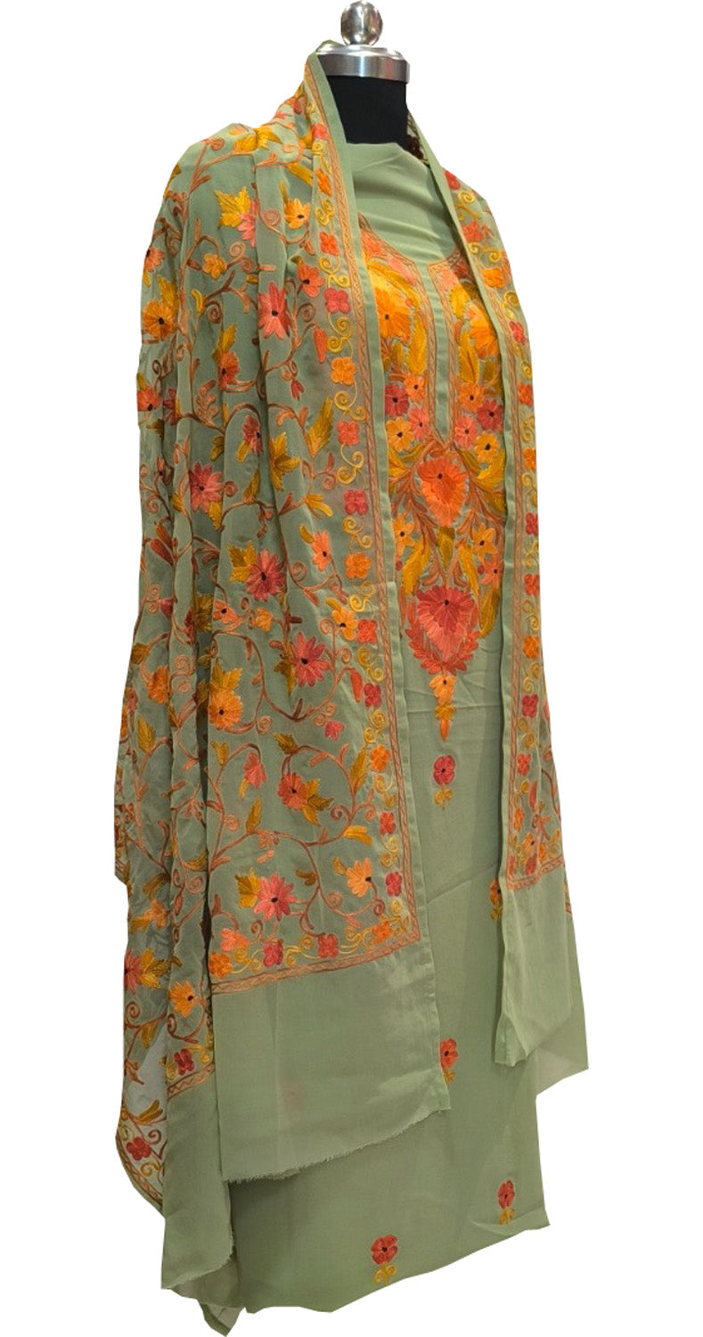 Stunning Green Kashmiri Aari Work Georgette Three Piece Unstitched Suit Set - Luxurion World