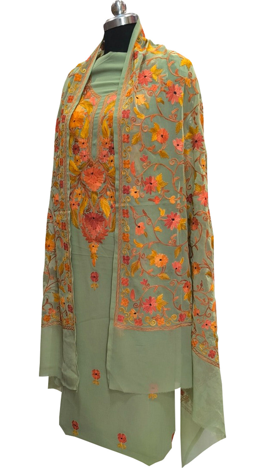 Stunning Green Kashmiri Aari Work Georgette Three Piece Unstitched Suit Set - Luxurion World