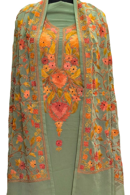 Stunning Green Kashmiri Aari Work Georgette Three Piece Unstitched Suit Set - Luxurion World