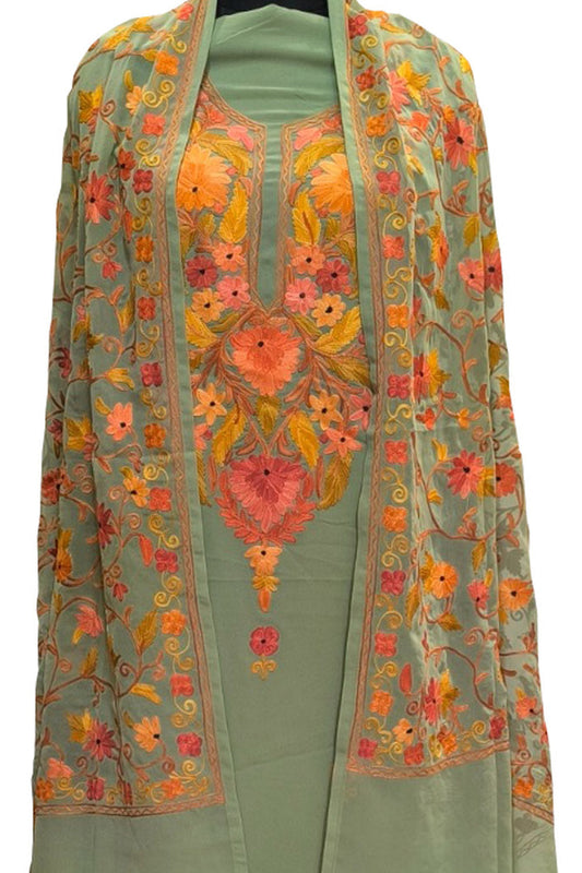 Stunning Green Kashmiri Aari Work Georgette Three Piece Unstitched Suit Set - Luxurion World
