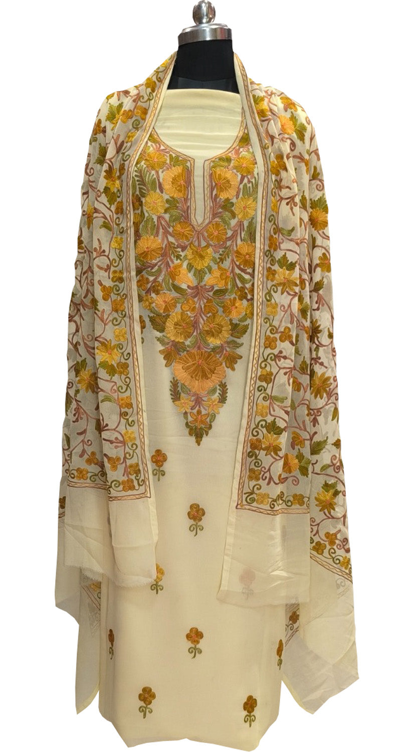 Pastel Kashmiri Aari Work Georgette Three Piece Unstitched Suit Set - Luxurion World