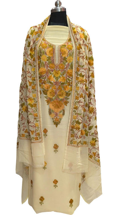 Pastel Kashmiri Aari Work Georgette Three Piece Unstitched Suit Set - Luxurion World