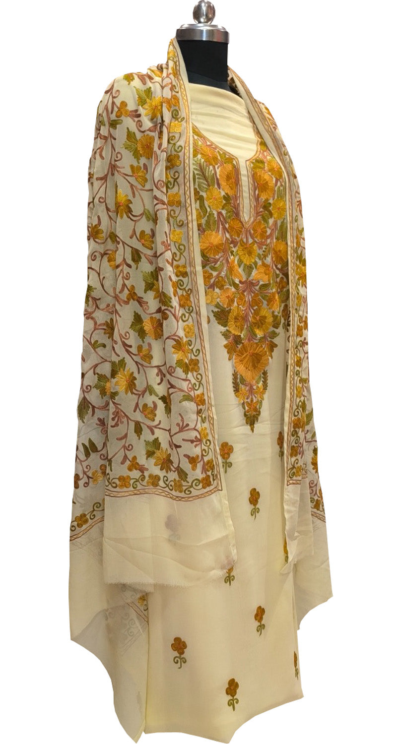 Pastel Kashmiri Aari Work Georgette Three Piece Unstitched Suit Set - Luxurion World