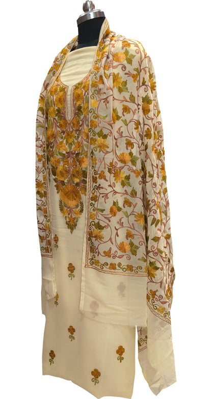 Pastel Kashmiri Aari Work Georgette Three Piece Unstitched Suit Set - Luxurion World