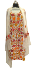Elegant Off White Kashmiri Aari Work Georgette Three Piece Unstitched Suit Set - Luxurion World
