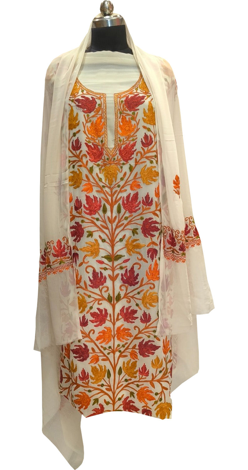 Elegant Off White Kashmiri Aari Work Georgette Three Piece Unstitched Suit Set - Luxurion World