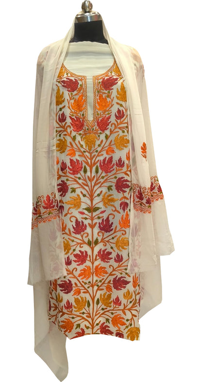Elegant Off White Kashmiri Aari Work Georgette Three Piece Unstitched Suit Set - Luxurion World