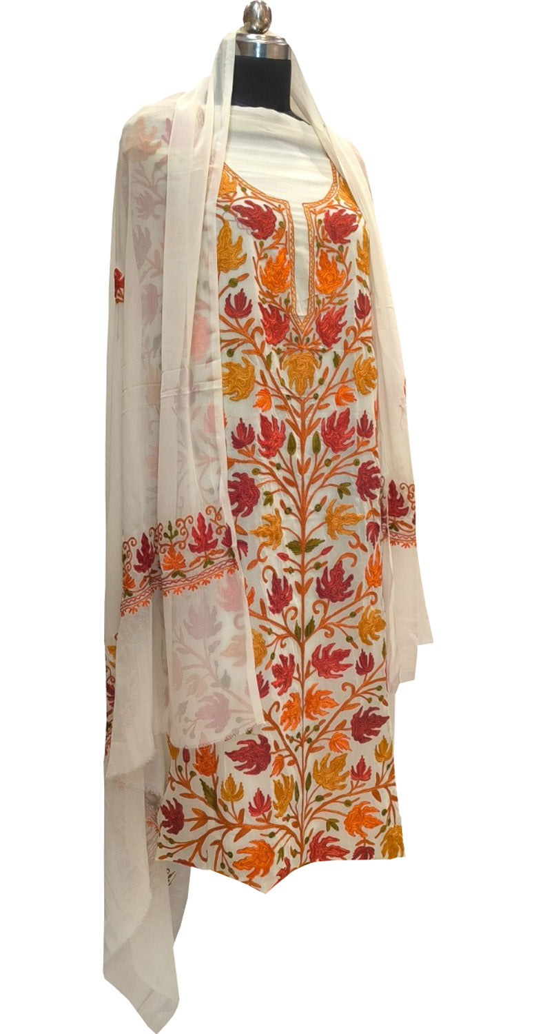 Elegant Off White Kashmiri Aari Work Georgette Three Piece Unstitched Suit Set - Luxurion World