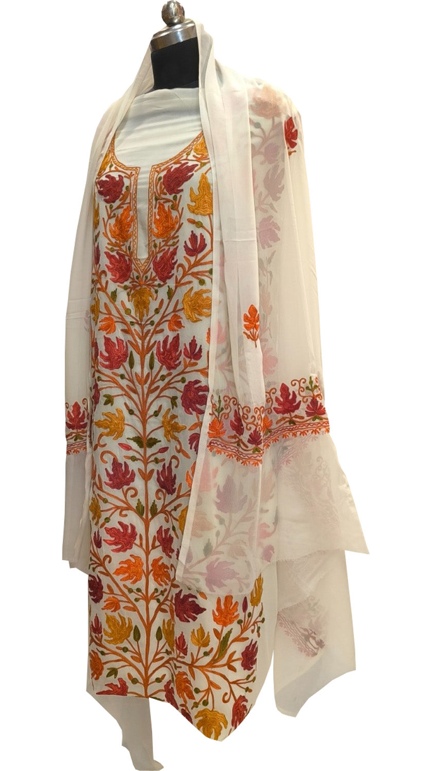 Elegant Off White Kashmiri Aari Work Georgette Three Piece Unstitched Suit Set - Luxurion World
